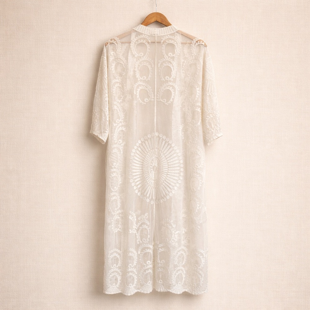 DEX Lace Kimono Duster Ivory Sheer Embroidered Maxi Open  Boho Layering Cardigan - Picture 3 of 7